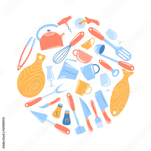 Set of kitchen tools. Can be used to design cooking classes, menu decorations, recipe books. Collection of isolated objects in cartoon style. Vector illustration