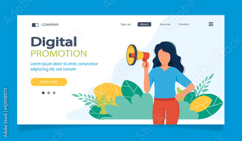 Digital marketing concept. Advertising and promoting. Man sitting on the floor holding a laptop in his lap and working. Flat vector illustration.