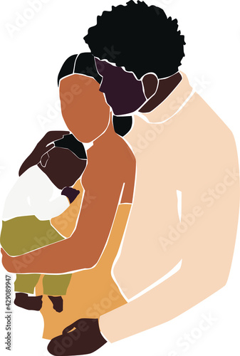 Mother holding little baby on the white isolated background. Black Afro Family abstract faceless people.