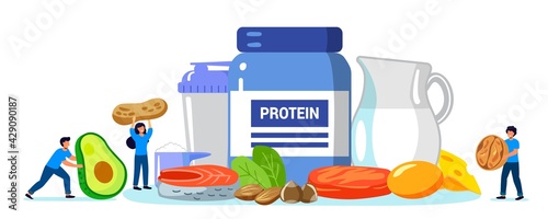 Protein vector illustration Flat tiny amino acid food menu persons concept Protein containing products variety for healthy daily ration Fitness and diet with sports food supplements Drinking protein c