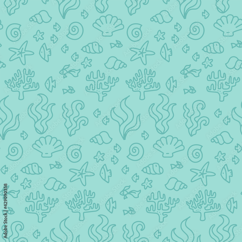 Doodle seamless turquoise coral reef seamless pattern for textile, paper design, backgrounds. Under ocean blue corals with repeated polyps, sea weed and fishes. Nautical underwater colorful ornament