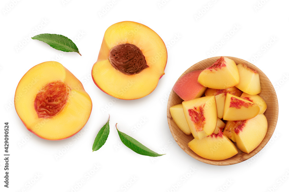 ripe peach half isolated on white background with clipping path. Top view. Flat lay ripe peach half isolated on white background with clipping path. Top view. Flat lay