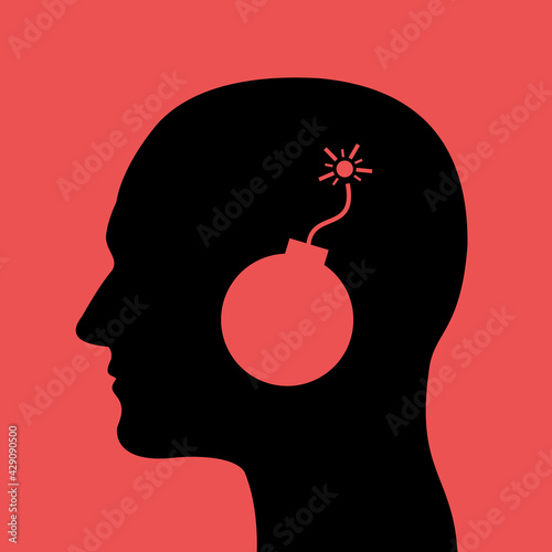 Head with bomb instead on brain. Danger of explosion and blow-up as metaphor of dangerous mental issue and breakdown of mind. Vector illustration.