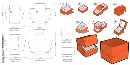 Rigid Box top and bottom hard board paper thicknes 1.5mm (Internal measurement 12 x 13+ 8 cm) and Die-cut Pattern. The .eps file is full scale and fully functional.