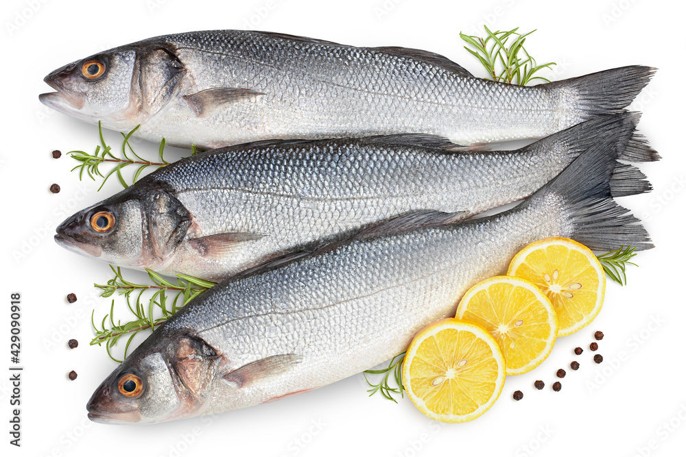 Sea bass fich isolated on white background with clipping path. Top view. Flat lay Sea bass fich isolated on white background with clipping path. Top view. Flat lay