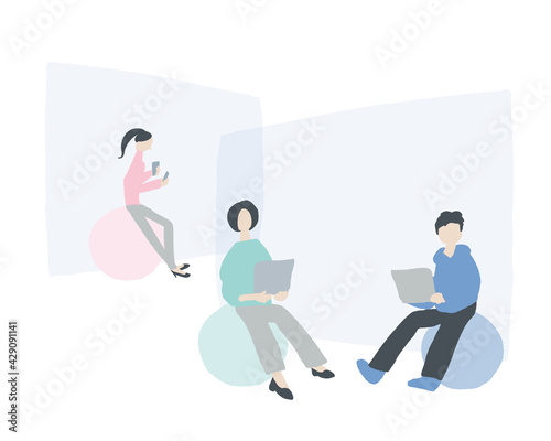 バランスボールに座って仕事をしているIT系企業で働く人物像　Workers, business, jobs, vector