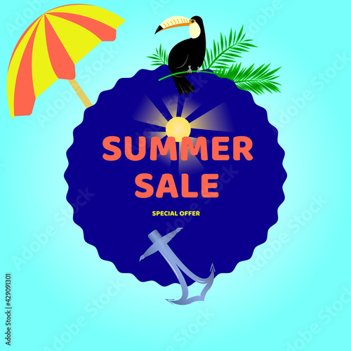specials summer sale on blue circle in the middle with palm leaves, bird, beach umbrella and anchor