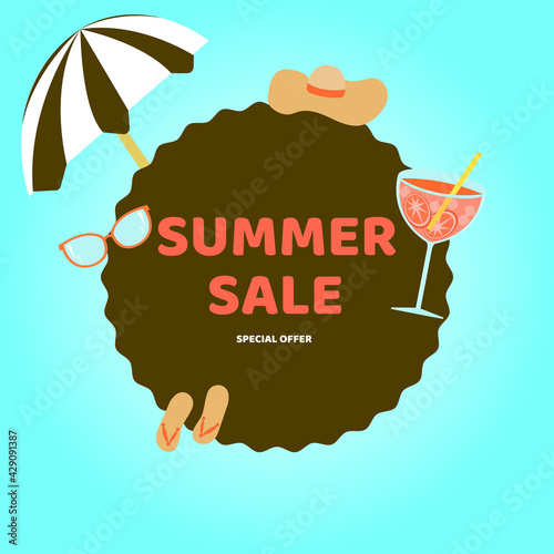 special offer summer sale on brown circle and blue background with beach umbrella, hat, flip flops, glasses and cocktail