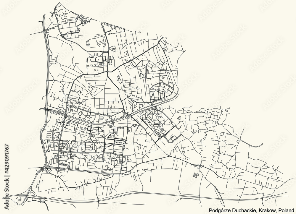 Black simple detailed street roads map on vintage beige background of the quarter Podgórze Duchackie district of Krakow, Poland