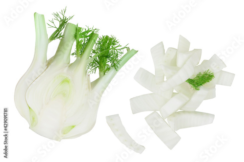 fresh fennel bulb half with slices isolated on white background . Top view. Flat lay