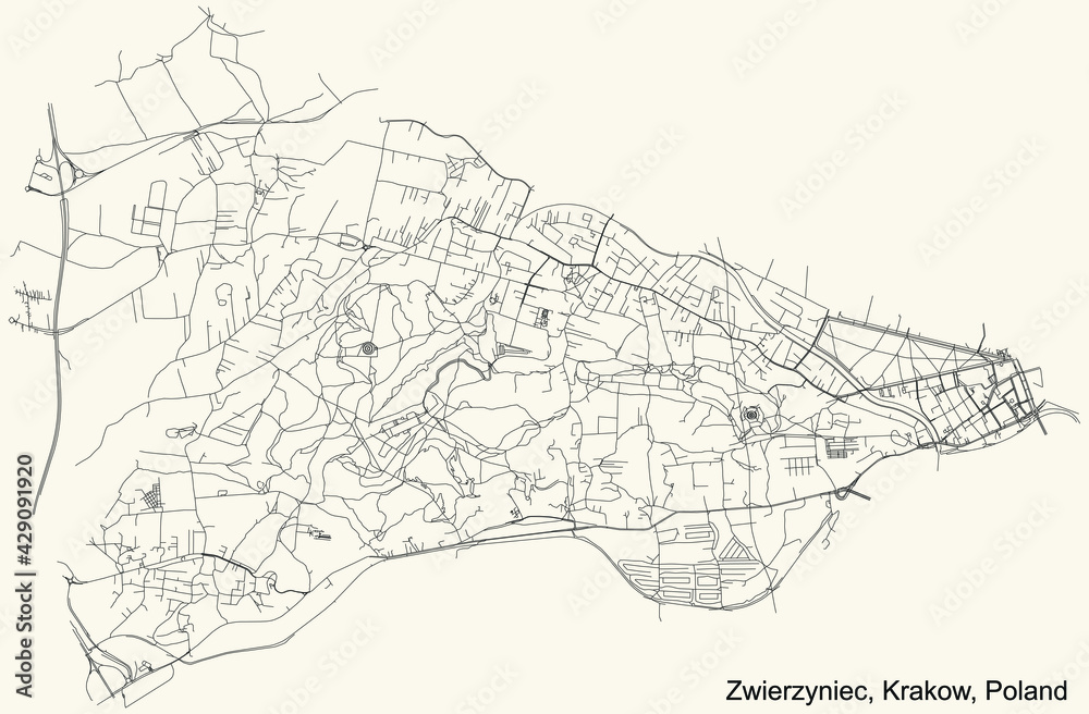 Black simple detailed street roads map on vintage beige background of the quarter Zwierzyniec district of Krakow, Poland
