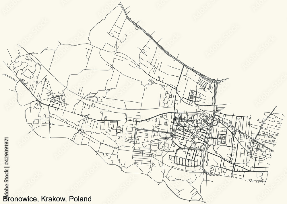 Black simple detailed street roads map on vintage beige background of the quarter Bronowice district of Krakow, Poland