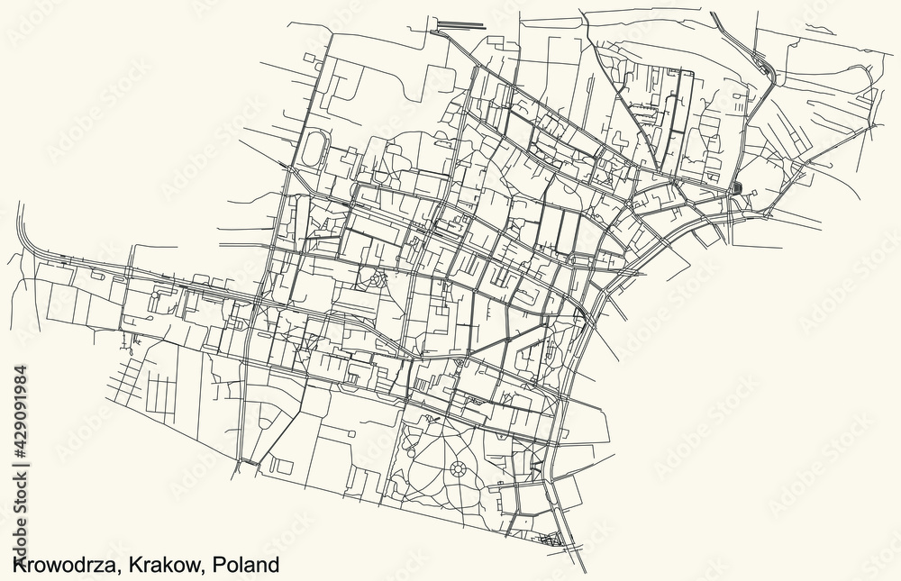 Black simple detailed street roads map on vintage beige background of the quarter Krowodrza district of Krakow, Poland
