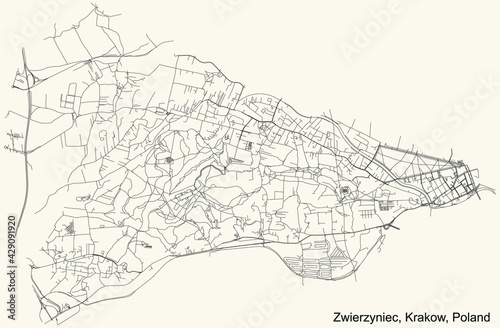 Black simple detailed street roads map on vintage beige background of the quarter Zwierzyniec district of Krakow, Poland