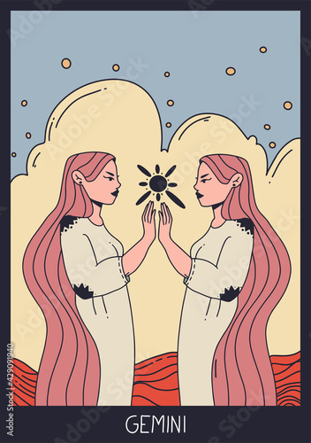 Gemini zodiac sign. Beautiful woman. Trendy vector illustration. Cartoon style.