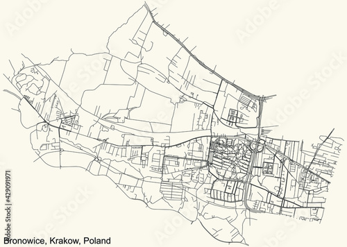 Black simple detailed street roads map on vintage beige background of the quarter Bronowice district of Krakow, Poland