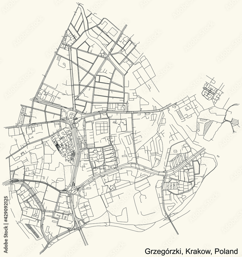 Black simple detailed street roads map on vintage beige background of the quarter Grzegórzki district of Krakow, Poland