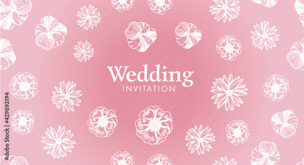 Wedding invitation. Flowers pattern Hand-drawn. Vector.