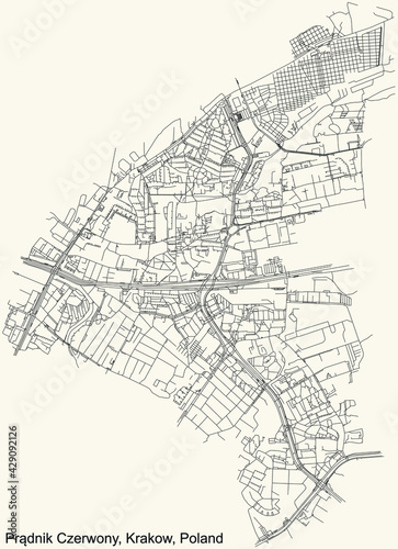 Black simple detailed street roads map on vintage beige background of the quarter Prądnik Czerwony (Red Prądnik) district of Krakow, Poland