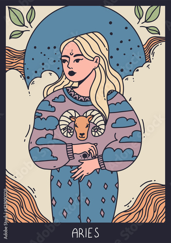 Aries zodiac sign. Beautiful woman. Trendy vector illustration. Cartoon style.
