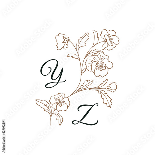 Nature Initials isolated design, uppercase letters with pansies flower branch. Vector nature monogram for wedding, greeting. 