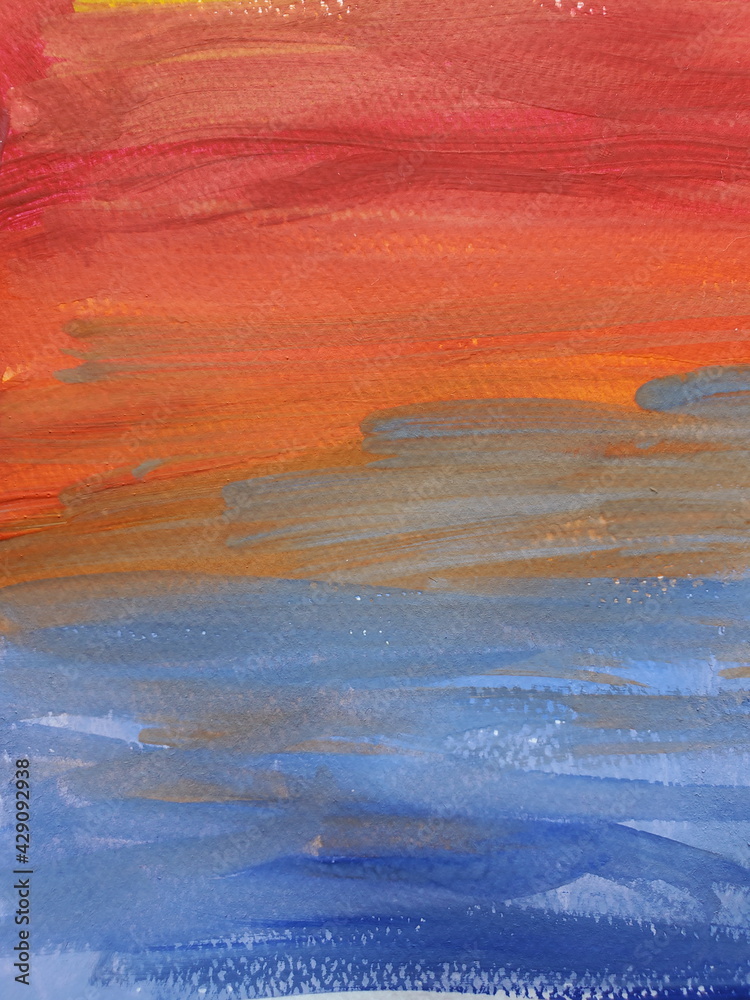 Paintbrush strokes on rough watercolor paper. Gradient stripes of vibrant color paints looking like rainbow or sunset sky. Closeup shot of colorful painted paper texture