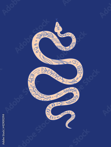 Vector snake graphic element for logo, tattoo or sticker. Coiled snake with ethnic ornament isolated illustration. 