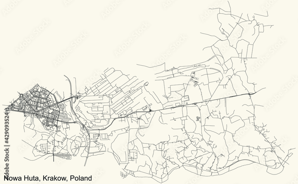 Obraz premium Black simple detailed street roads map on vintage beige background of the quarter Nowa Huta (New Steel Mill) district of Krakow, Poland