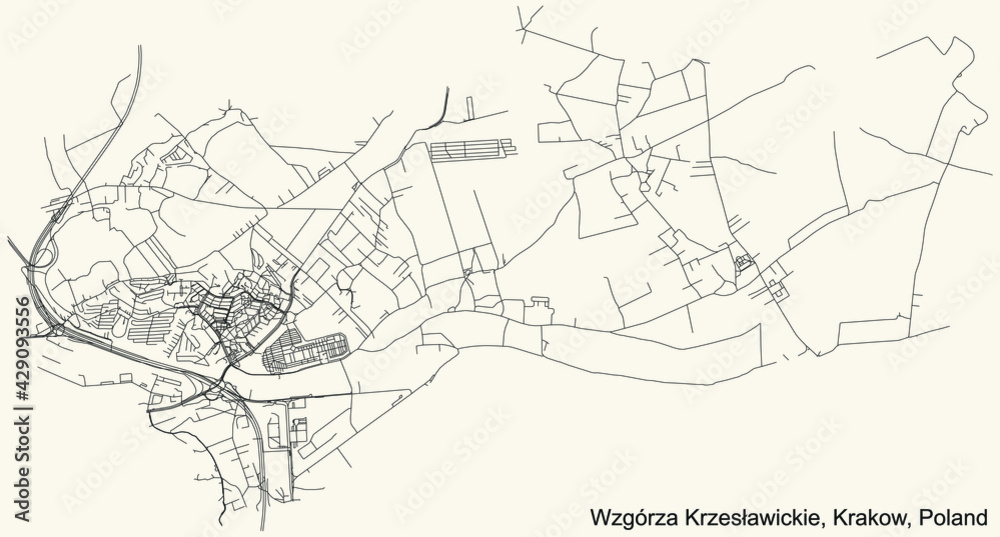Black simple detailed street roads map on vintage beige background of the quarter Wzgórza Krzesławickie (Krzesławice Heights) district of Krakow, Poland