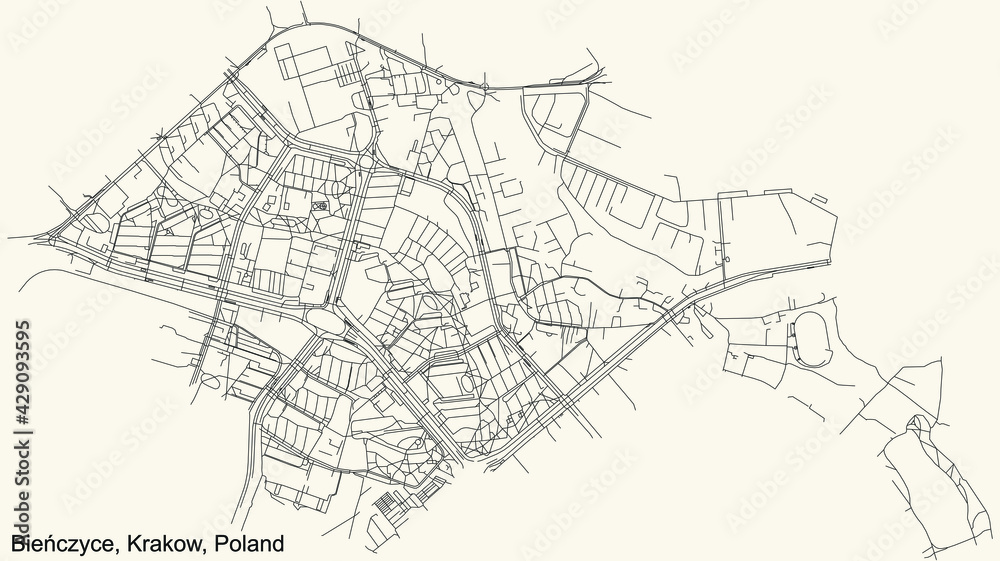 Black simple detailed street roads map on vintage beige background of the quarter Bieńczyce district of Krakow, Poland
