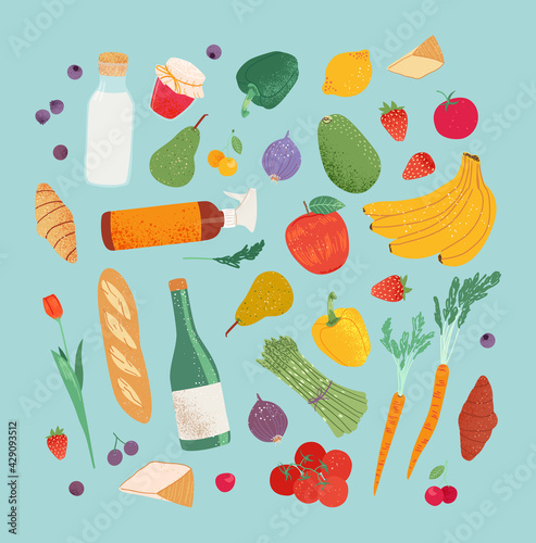 Grocery purchases set, fruits and vegetable from the local store, market, farm. Department store goods illustration for banner, pattern.