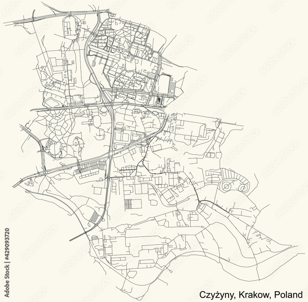 Black simple detailed street roads map on vintage beige background of the quarter Czyżyny district of Krakow, Poland