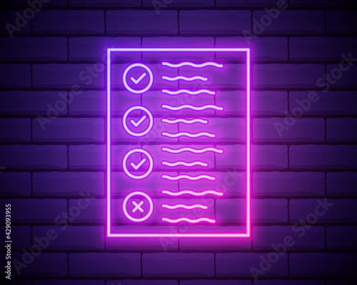 Glowing neon line Clipboard with checklist icon isolated on brick wall background. Control list symbol. Survey poll or questionnaire feedback form. Vector Illustration isolated on brick wall.