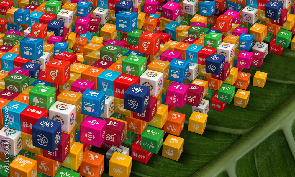 3D rendering colorful cubes Illustration of Corporate social responsibility icons. Concept design to perform sustainable development and to create a sustainable world. 3D Icons. 3D Illustration.