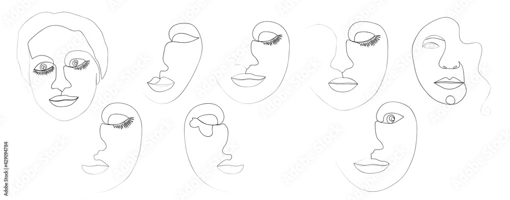Continuous line, drawing of set faces and hairstyle, fashion concept, woman beauty minimalist, illustration