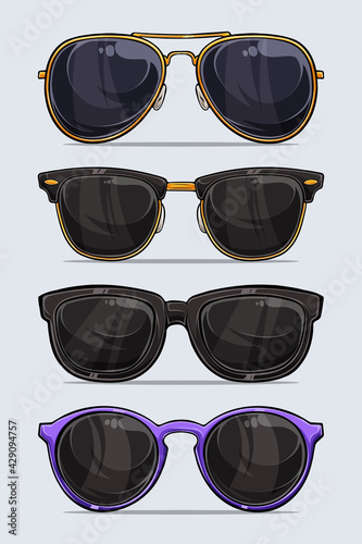 Set of hand drawn modern and beautiful sunglasses with shadows and lights isolated on white background
