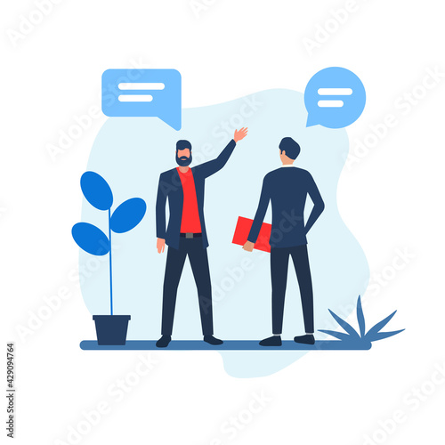 Illustration with people working in the office, negotiating and discussing business issues, developing ideas.