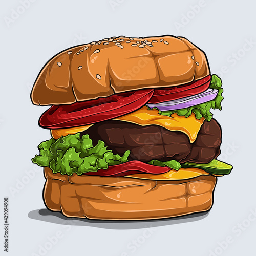 Hand drawn of Big tasty and delicious hamburger with cheese, beef, tomato, onion and lettuce 