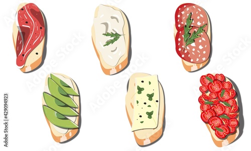 Bruschetta in various combination. Bruschetta with meat and vegetables. Vector food illustration. 