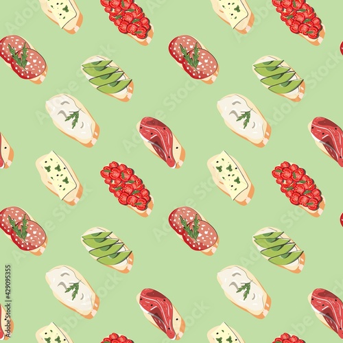 Seamless bruschetta pattern on green background. For paper, packaging, wallpaper, textile. 