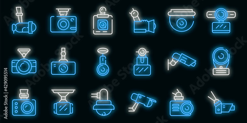 DVR camera icons set. Outline set of DVR camera vector icons neon color on white
