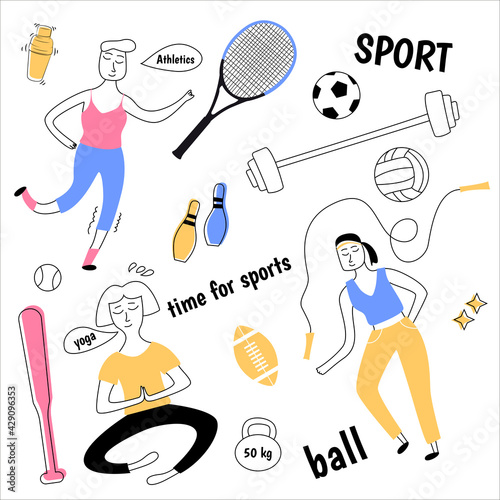 The illustration shows people who are involved in sports, as well as a bat, tennis racket, soccer ball, basketball, yoga, athletics, jump rope, dumbbell. The color is yellow, blue, pink.