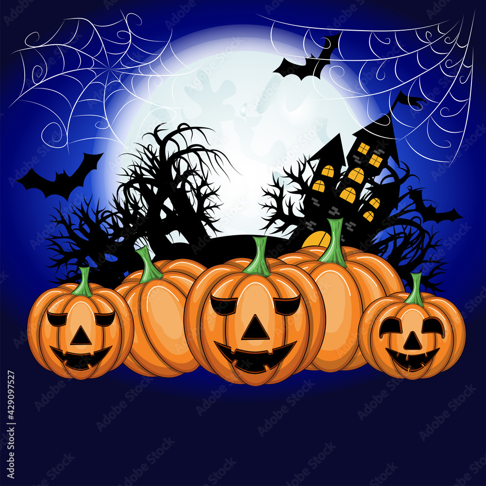 Halloween night blurred background with pumpkin, illustration.