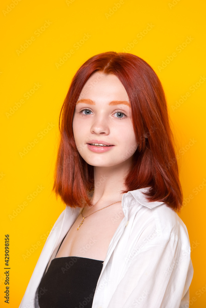 Redhead girl on a yellow background. Large portrait Redhead girl on a yellow background. Large portrait