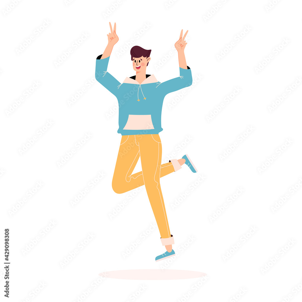 Fototapeta premium Happy person jumping. Man with raised hands jumping in the air. Positive and laughing men. Young funny teen guy celebrate victory and enjoy success. Flat vector illustration isolated on white