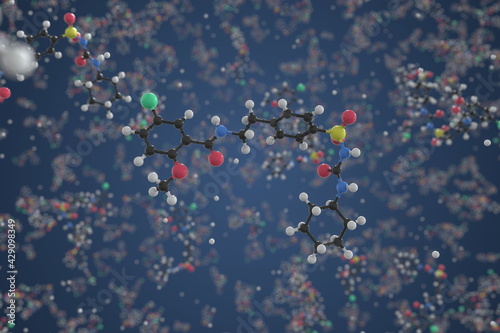 Molecule of glyburide, ball-and-stick molecular model. Scientific 3d rendering