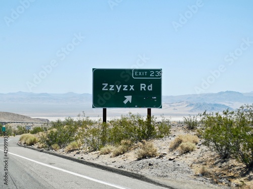 Zzyzx, California: Zzyzx Road exit sign off of Interstate 15. Zzyzx, formerly Soda Springs, is an community in San Bernardino County, within the boundaries of the Mojave National Preserve. photo