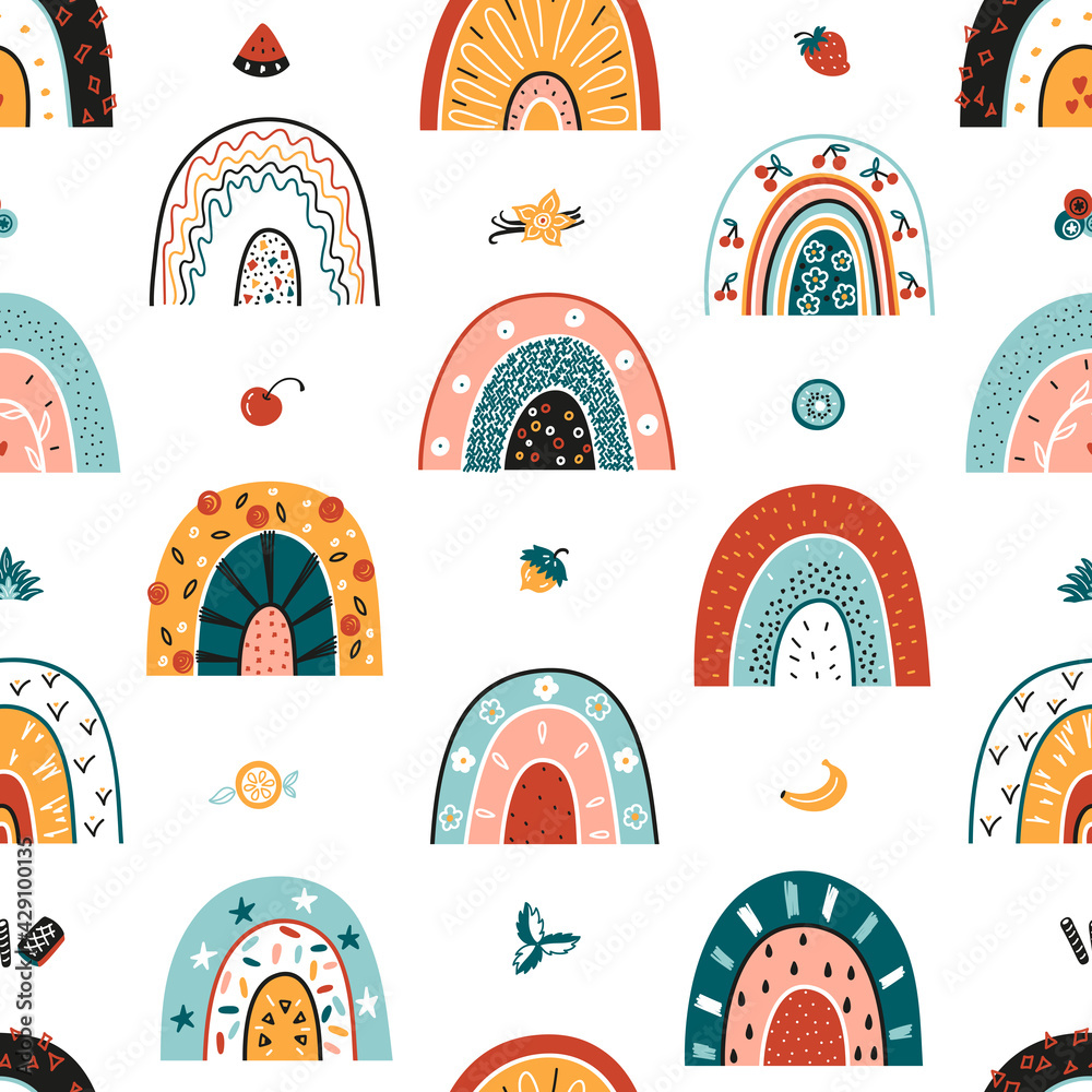 Cute Fruit and Berry Rainbow Seamless Vector Pattern for Kids. Cartoon Colorful Sweet Rainbows. Perfect Childish Background for Birthday Party, Baby Fashion. Cute Fruit and Berry Rainbow Seamless Vector Pattern for Kids. Cartoon Colorful Sweet Rainbows. Perfect Childish Background for Birthday Party, Baby Fashion.