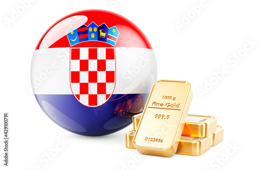 Golden ingots with Croatian flag. Foreign-exchange reserves of Croatia concept. 3D rendering photo