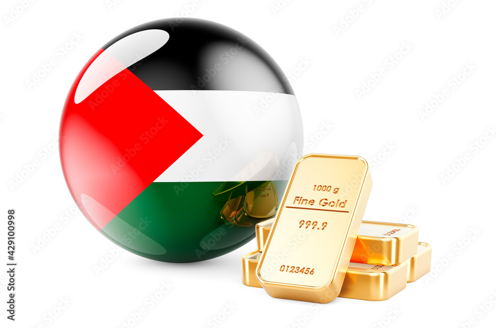Golden ingots with Palestinian flag. Foreign-exchange reserves of Palestine concept. 3D rendering Golden ingots with Palestinian flag. Foreign-exchange reserves of Palestine concept. 3D rendering